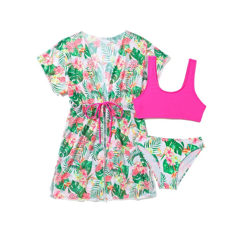 Girls' two-piece floral swimsuit in high elasticity polyester fabric showing front view