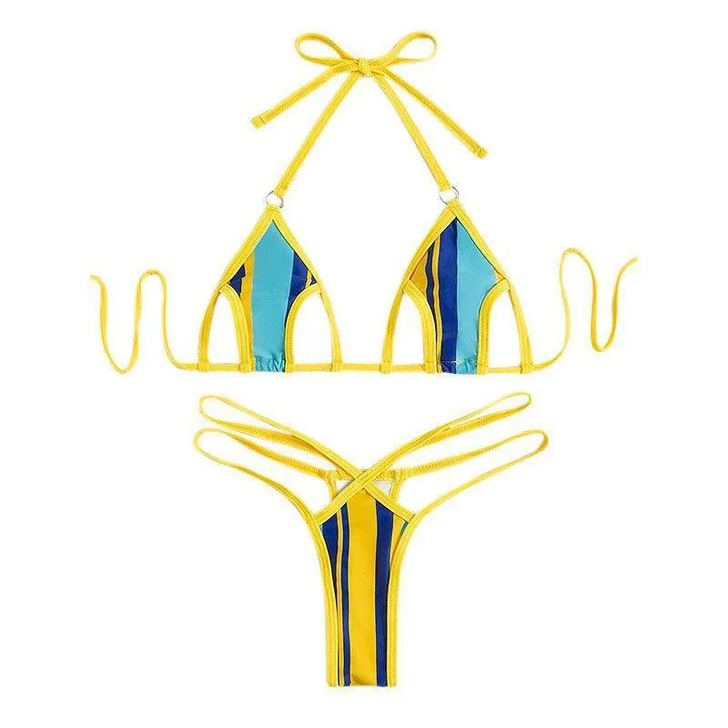 Yellow women's split swimsuit with hollow neck-hanging style and high waist design