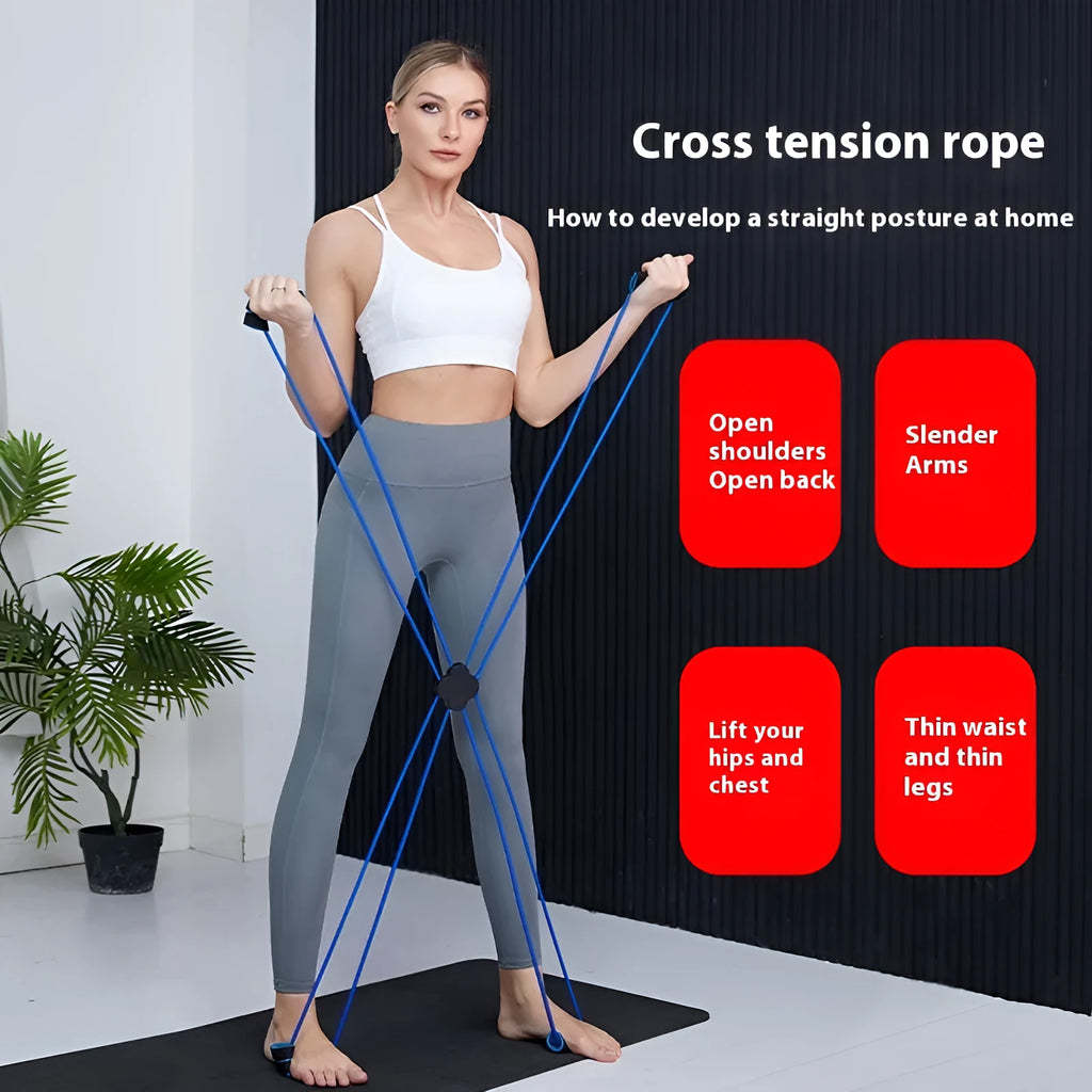 Blue eight character puller fitness resistance band with cross tension device for shoulder workouts