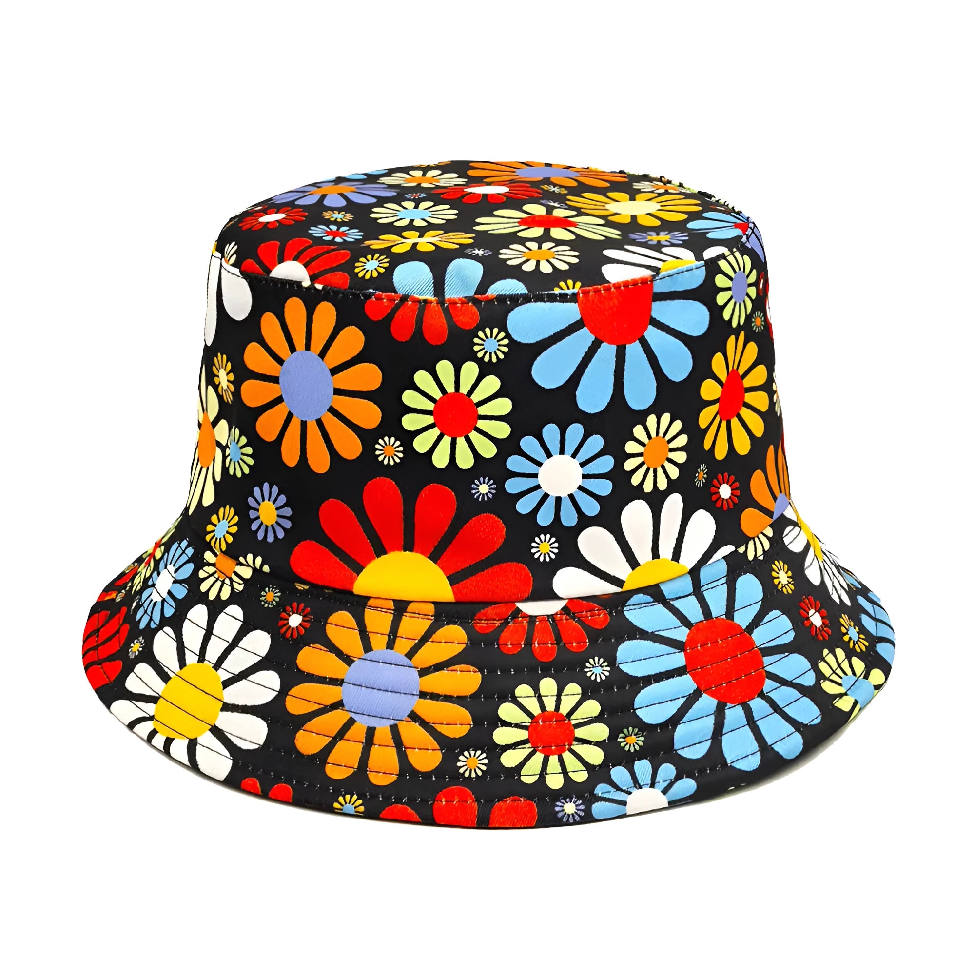 Colourful floral pattern bucket sun hat with dome crown in size M for women