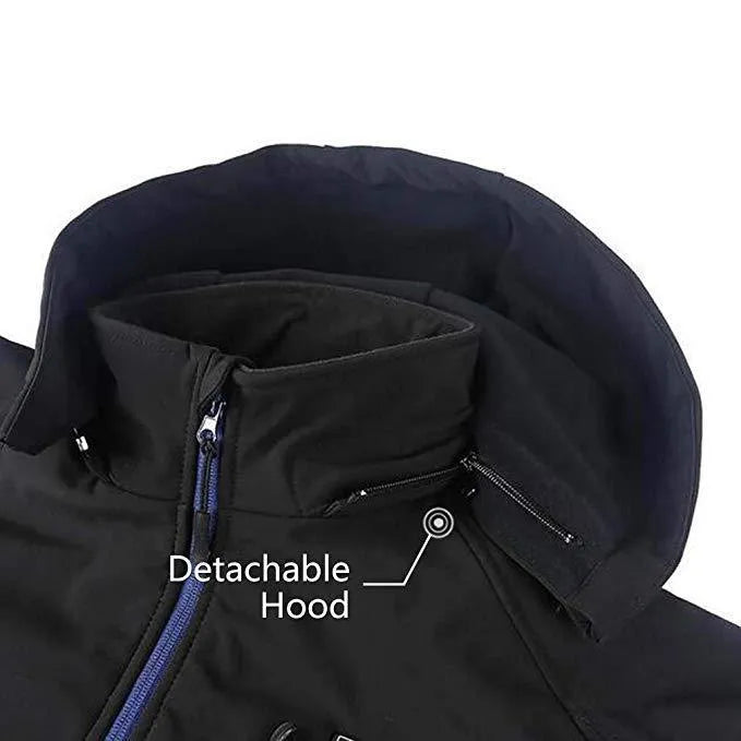 Black USB electric heated waterproof winter coat for men with zipper pockets and straight hem