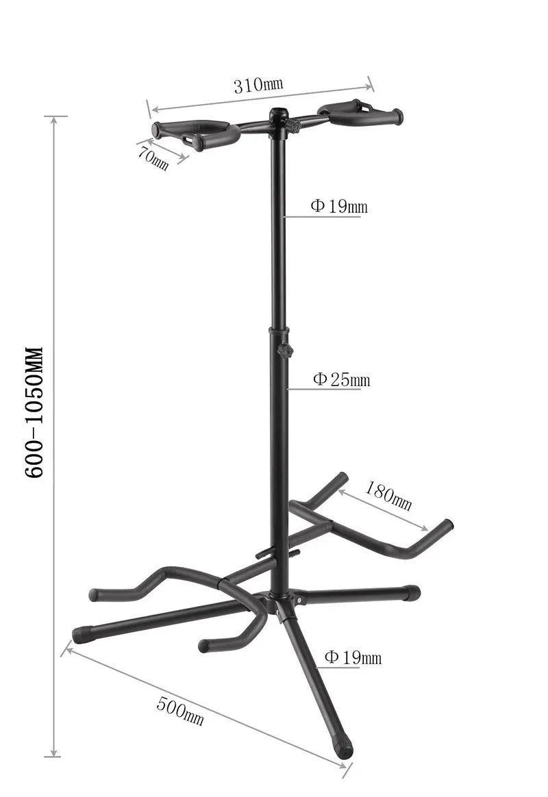 Black vertical double-headed adjustable guitar stand holding two guitars upright