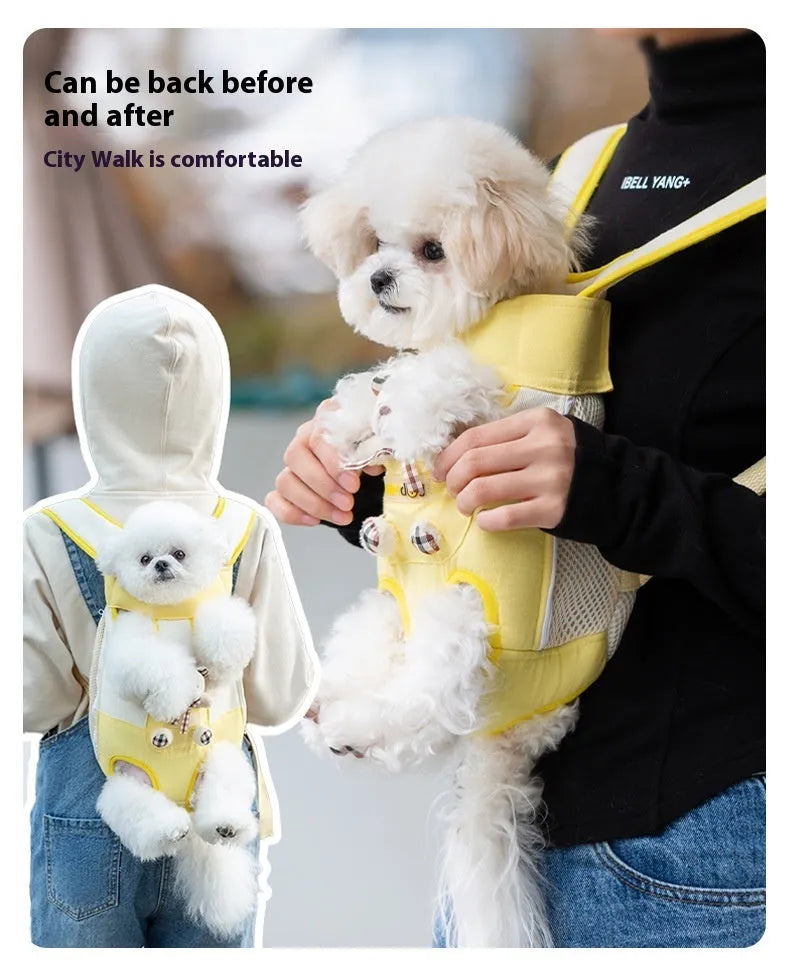 Soft cartoon animal design pet chest bag in canvas, shown in multiple colour stitching options.