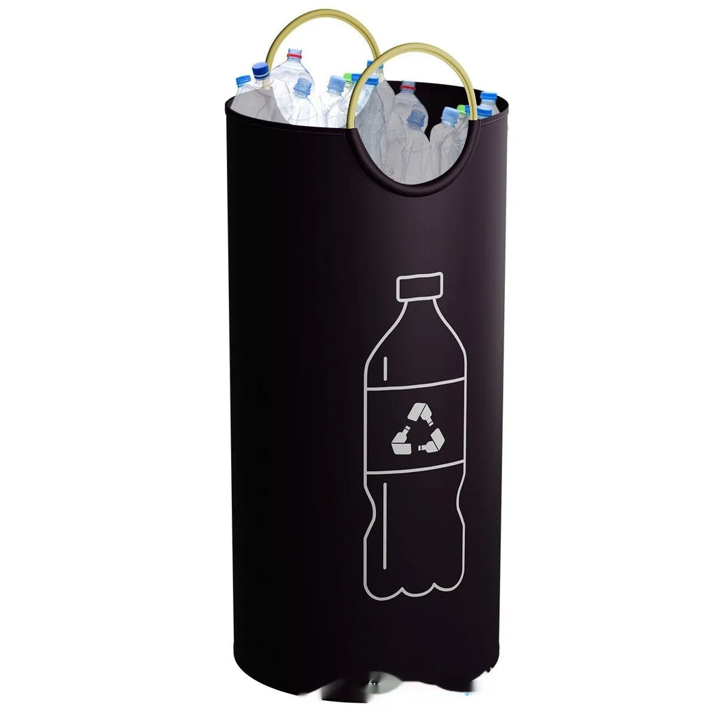Round plastic portable waste bin measuring 38cm wide by 72cm tall, shown with a liner bag.