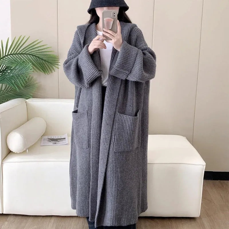 Loose fit hooded cardigan coat in acrylic fabric with extended length and raglan sleeves
