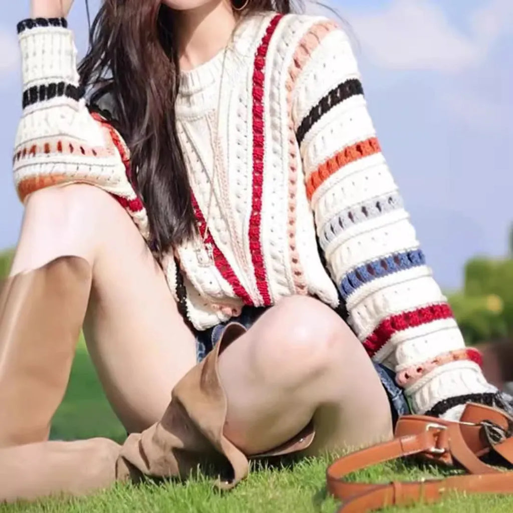Women's retro rainbow striped sweater with batwing sleeves in loose fit casual style