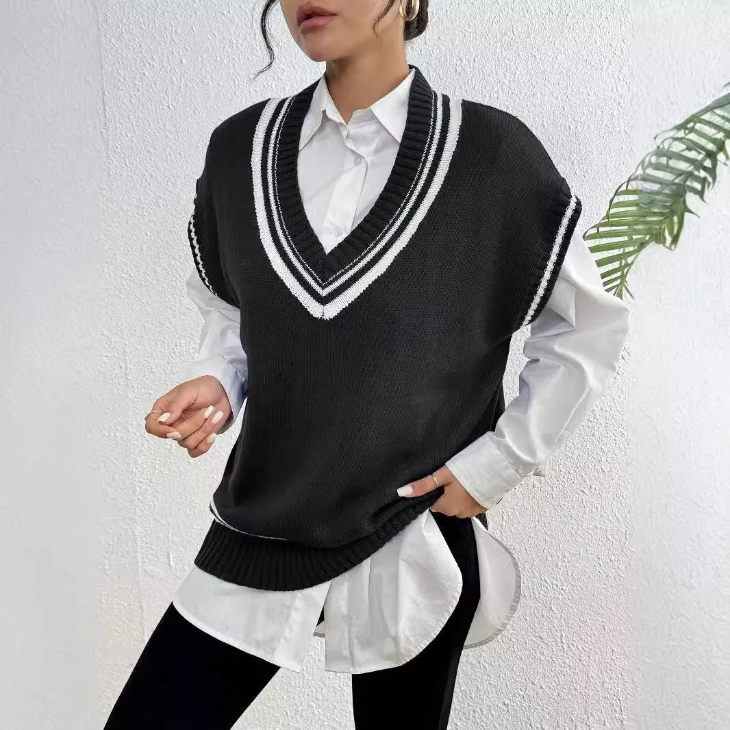 Women's loose fit pullover vest sweater in blue, coffee, or black colours