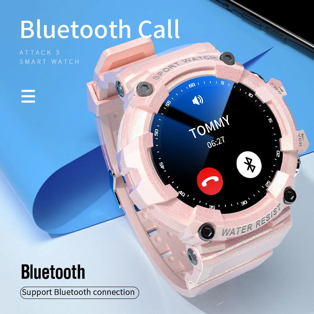 ATTACK 3 IP67 waterproof smartwatch with round colour screen and TPU strap in black, white, or pink
