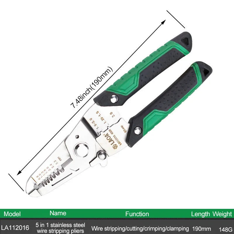 Stainless steel 7-in-1 wire stripper and crimping pliers with two-colour ABS handle
