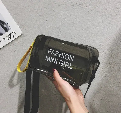 Transparent square jelly shoulder bag in various colours with adjustable strap and phone compartment