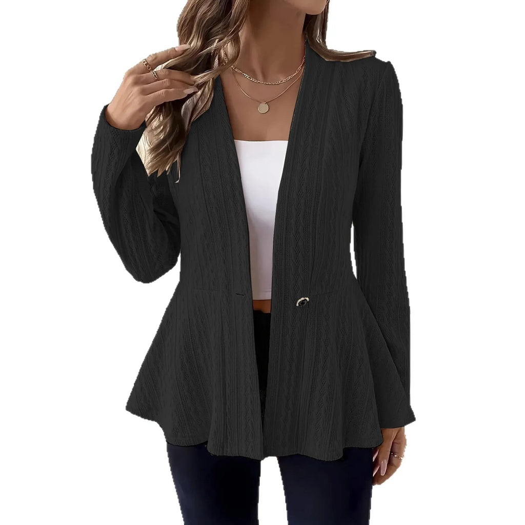 Women's apricot coloured Jacquard patterned knitted cardigan with one button front.
