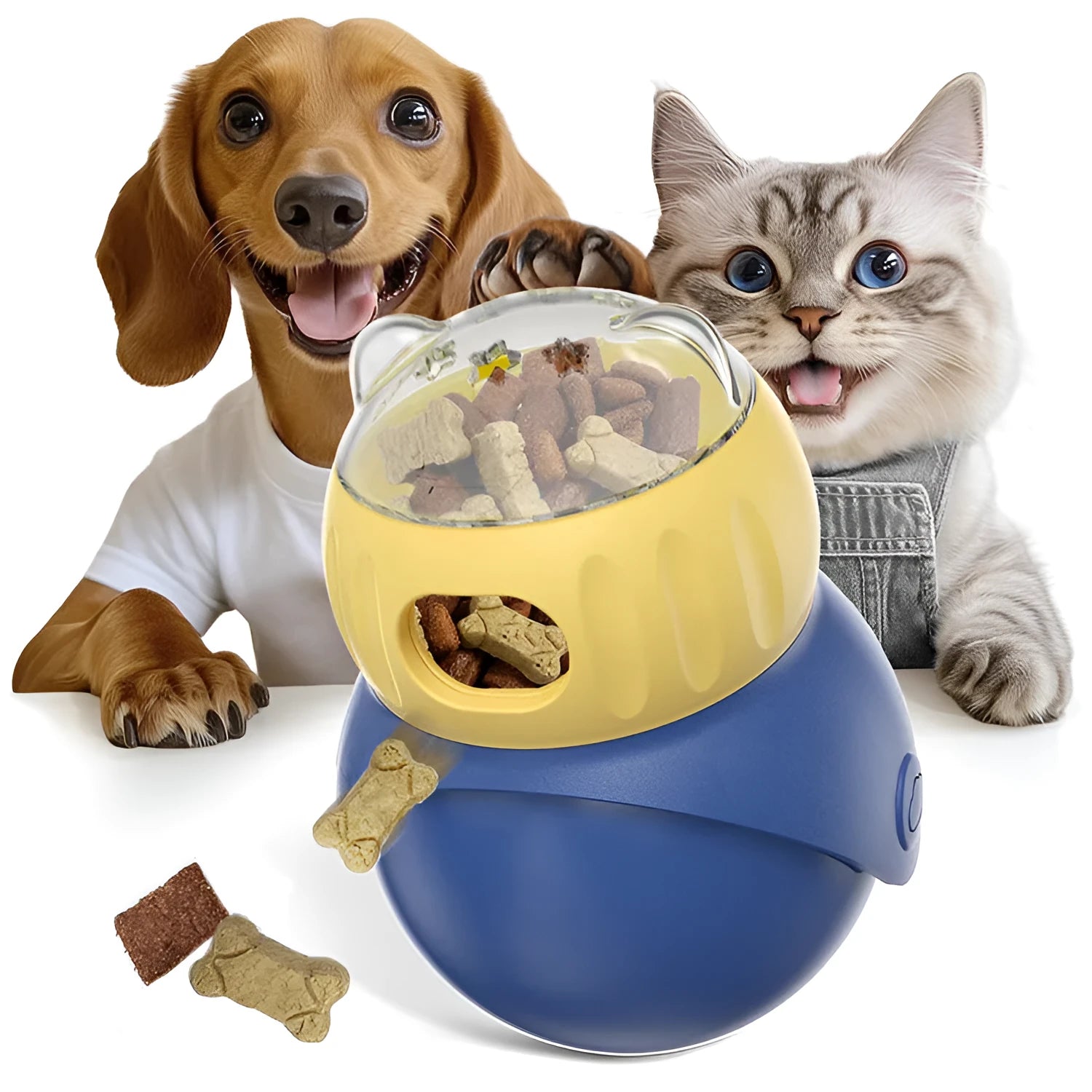 Owl-shaped plastic cat tumbler feeder in Morandi yellow and blue colours
