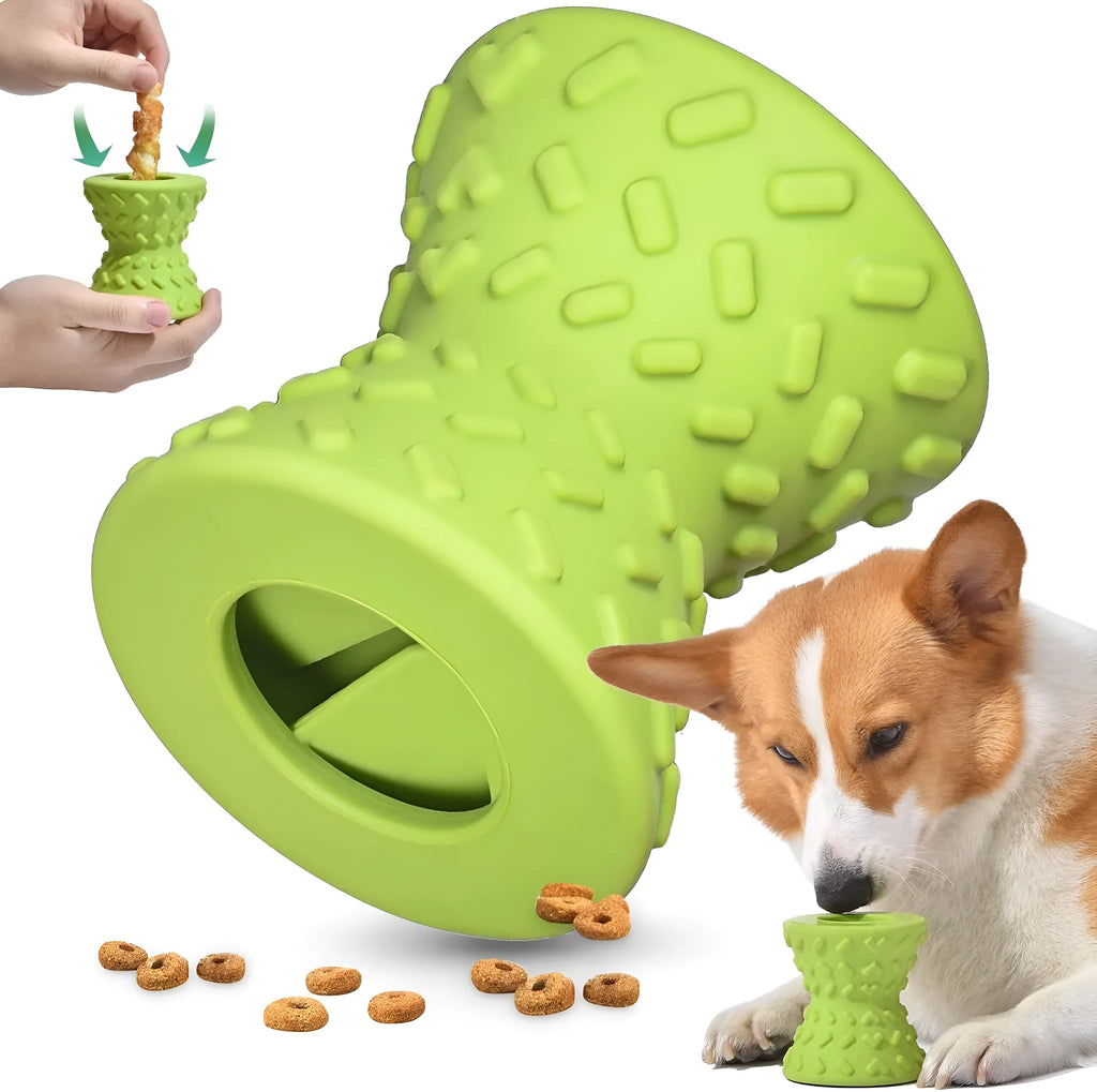 Natural rubber treat dispensing bone dog toy in blue colour with hollow centre and food leakage holes