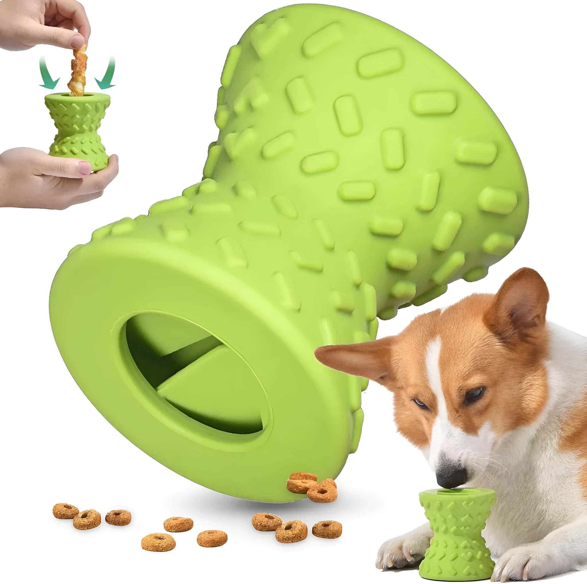 Natural rubber treat dispensing bone dog toy in blue colour with hollow centre and food leakage holes