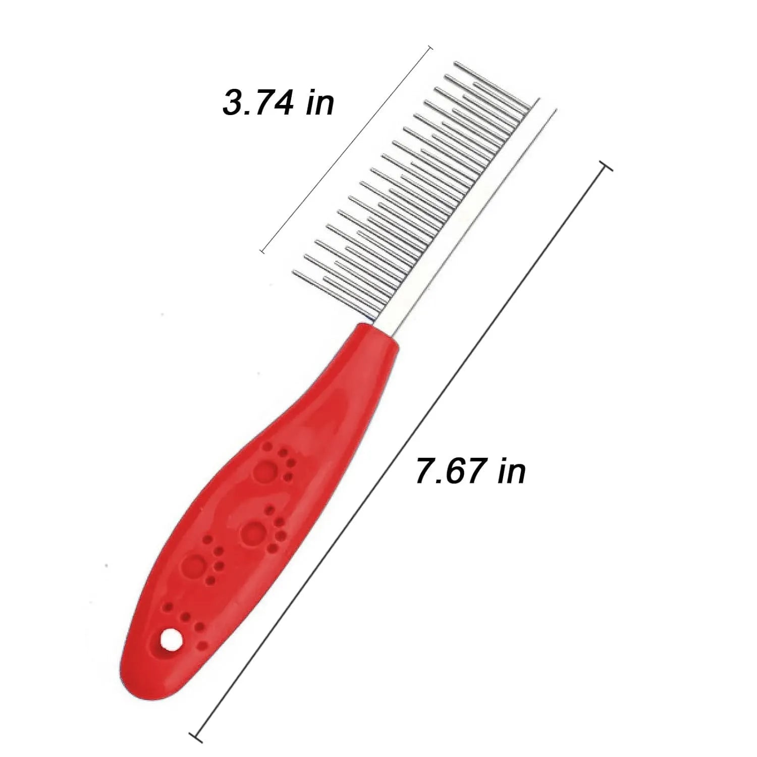 Red plastic handle pet comb with alternating rows of short and long stainless steel teeth for dematting tangles.