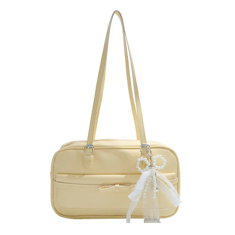 Women's PU single-shoulder bag in horizontal square shape with flap closure and double-joint straps