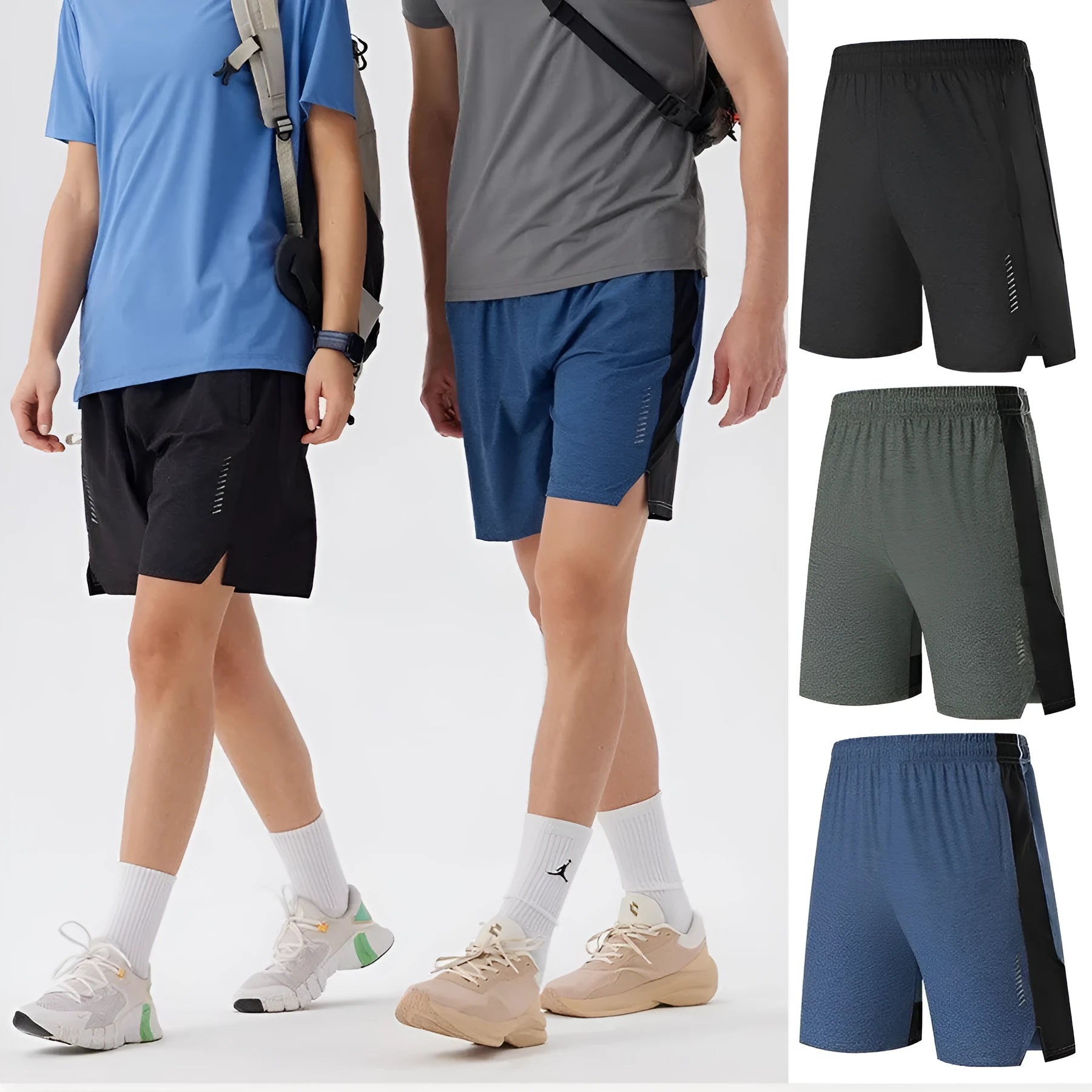 Men's forest green five-point spandex casual shorts on a mid-waist fit model.