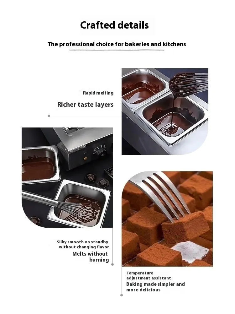 Commercial chocolate melting machine with stainless steel construction and temperature control display