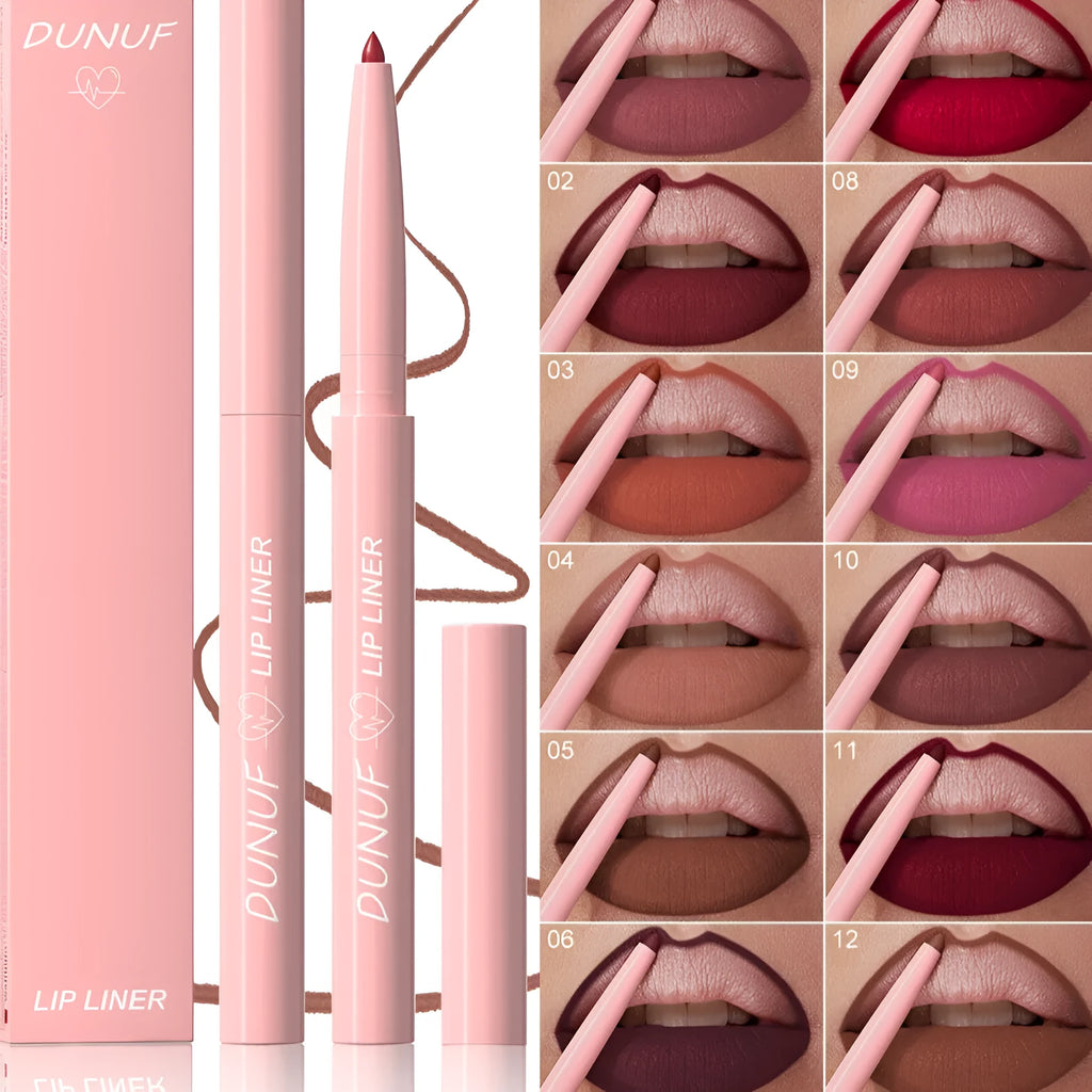 Velvet matte lip liner pencil in 12 different colour options for precise lip definition