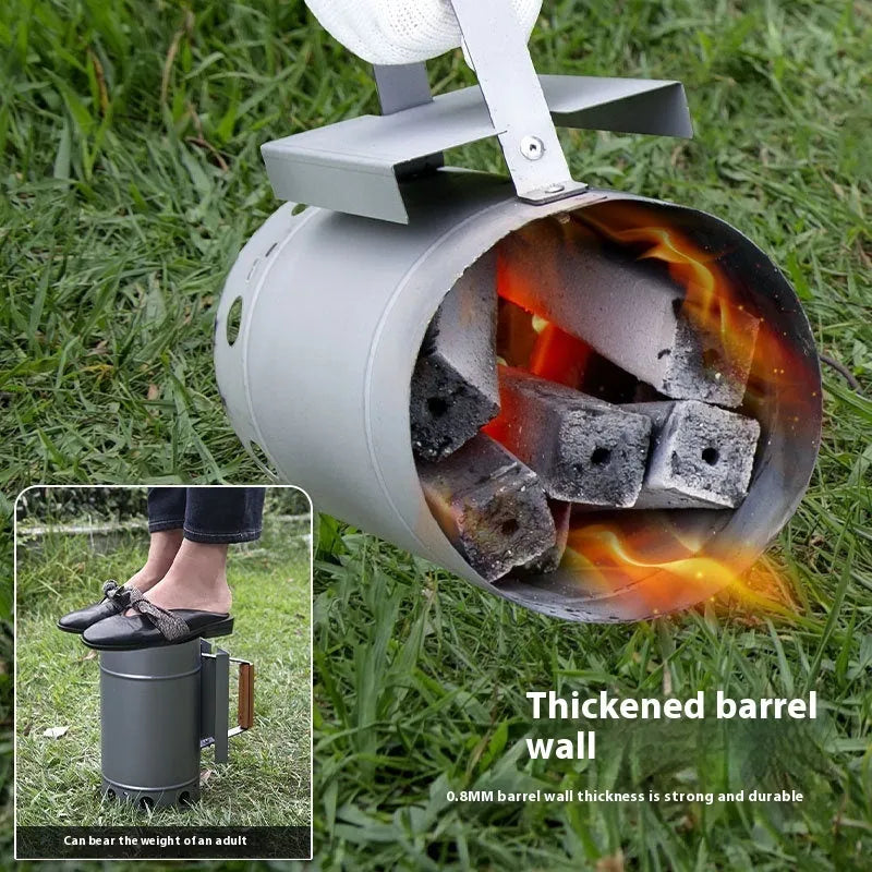 Silver zinc-iron alloy outdoor barbecue charcoal fire starter igniter for a bucket grill.