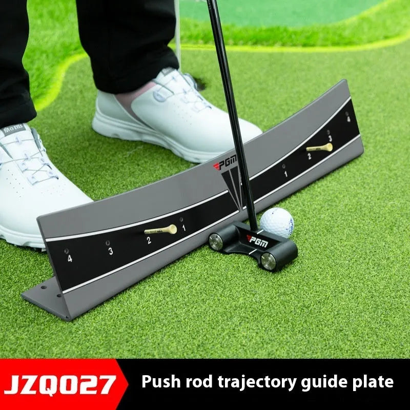 Adjustable golf putter balance simulator made of white PVC with a central training guide.