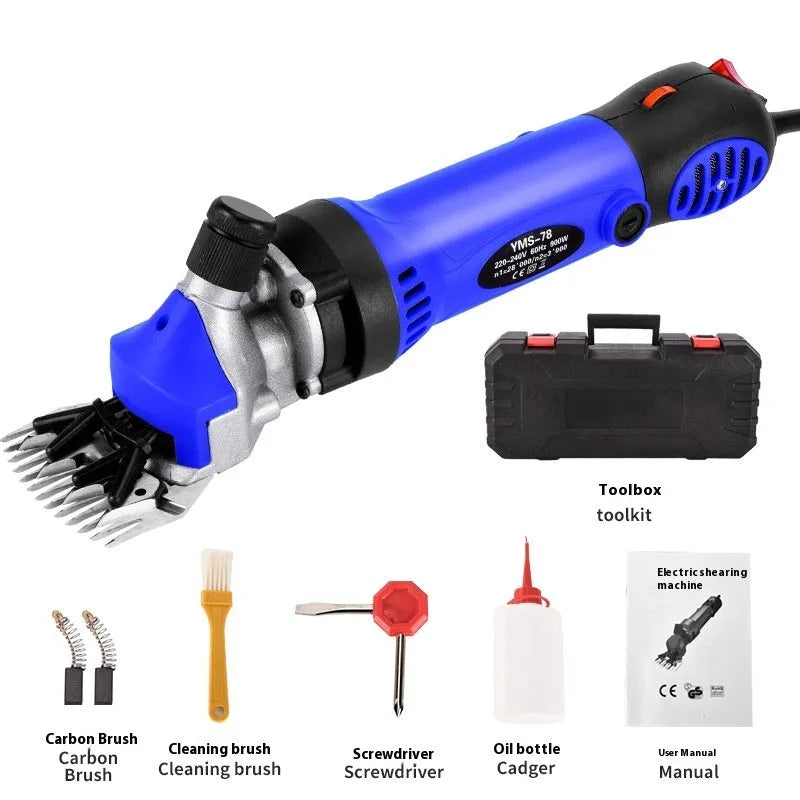 Yellow 110V electric wool shears with 13-tooth straight blade and maintenance accessories including multiple blade pairs