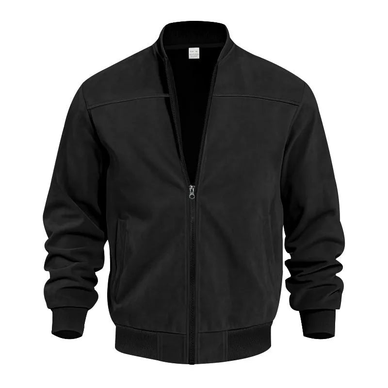 Men's plus size casual suede zip jacket in army green shown on a model