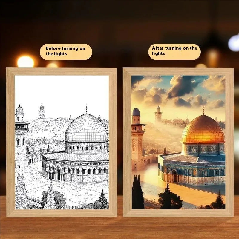 Handmade engineered wood LED frame displaying religious cross light drawing with USB cable