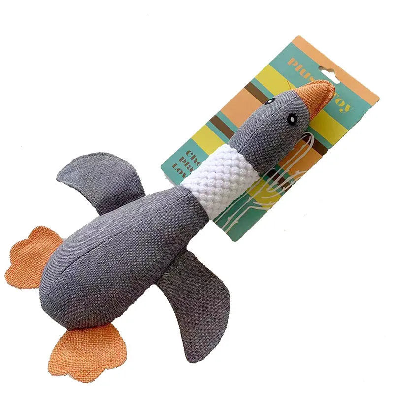 Blue durable duck plush dog toy with squeakers for chewing and interactive play