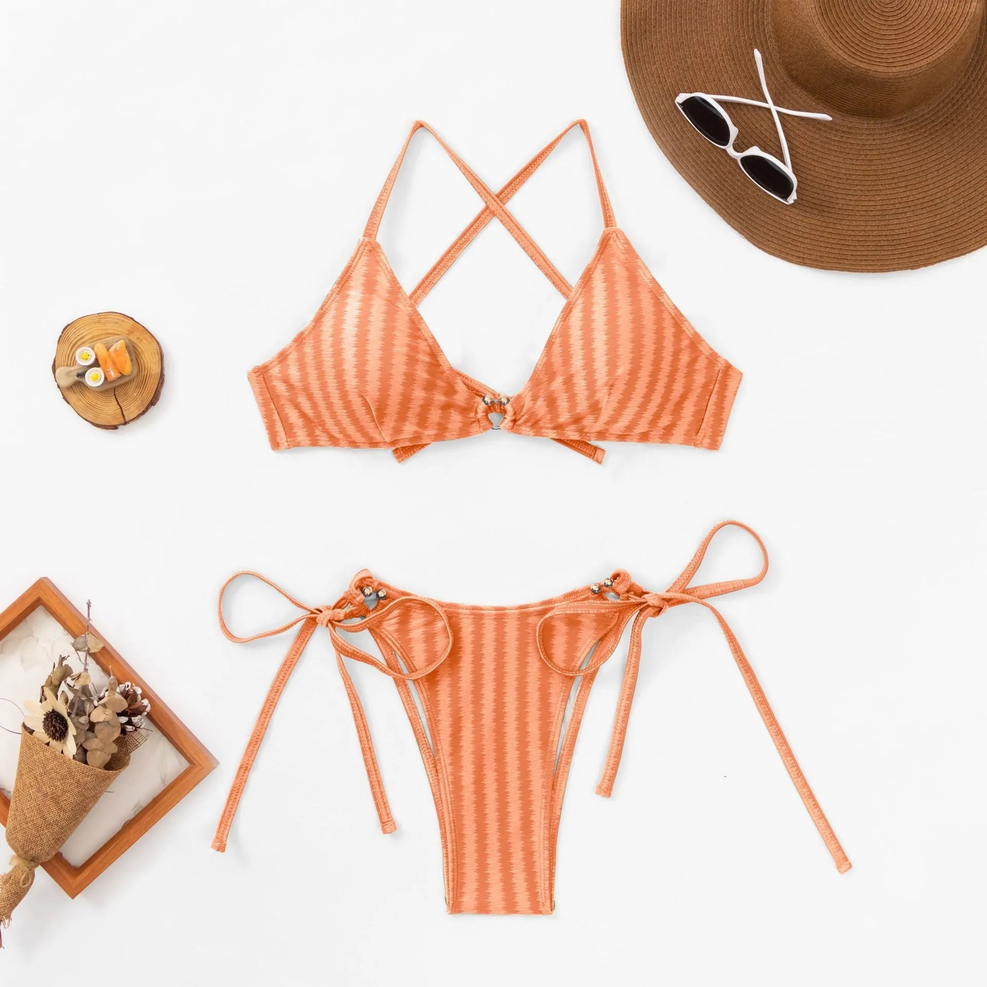 Women's red lace-up bikini set with backless design and briefs-style pants