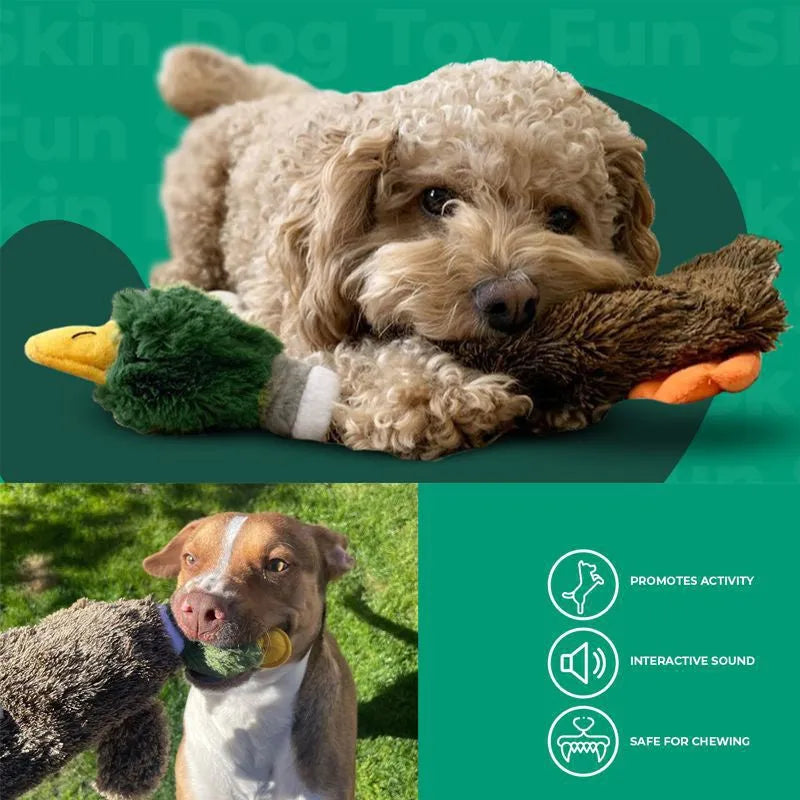 Green Wild Duck stuffless dog toy with squeakers showing bottle insertion cavity at bottom