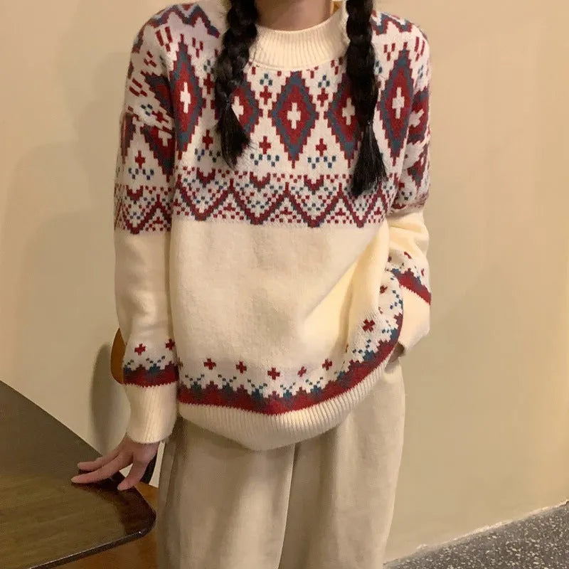 Red and white striped retro pullover knitted top with long sleeves