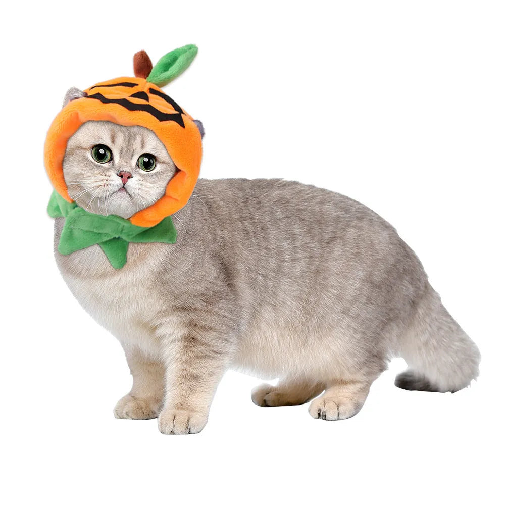 Orange plush Halloween cloak costume for a dog or cat, shown in sizes S, M, L.