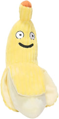 Yellow banana-shaped cat toy with plush fabric and crinkle paper inside.