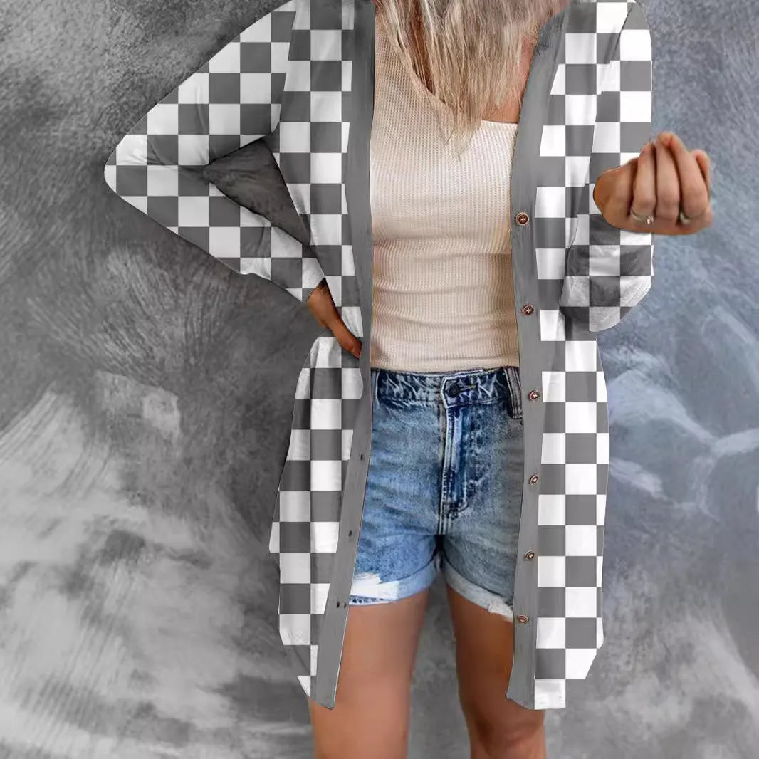 Women's long grey plaid knitted cardigan coat with loose fit and regular sleeves