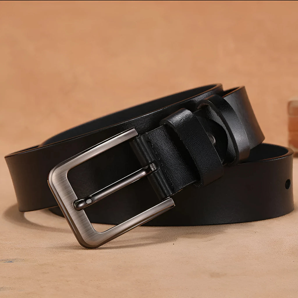 Men's casual jeans belt with a silver-toned alloy square head pin buckle shown in black and brown colour options.