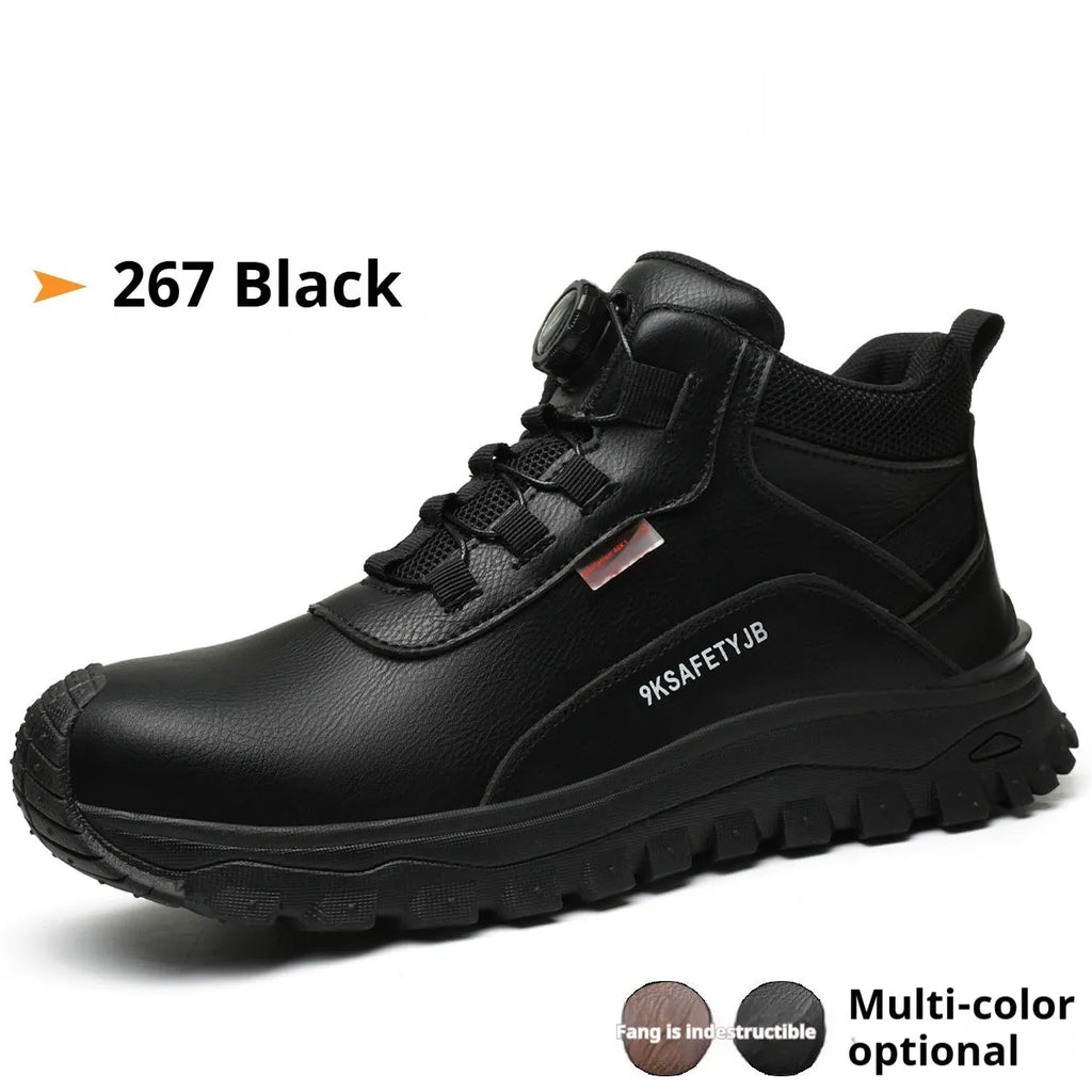 Flyknit work safety shoe with leather upper and rubber sole shown in black colour.