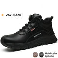 Flyknit work safety shoe with leather upper and rubber sole shown in black colour.