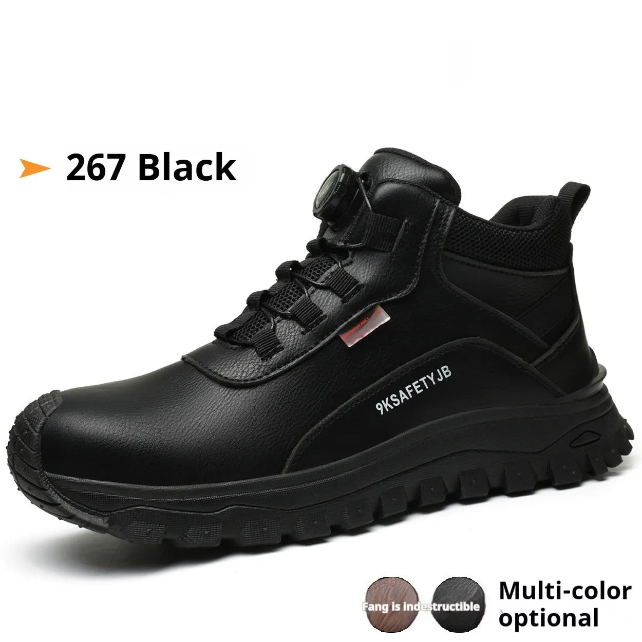 Flyknit work safety shoe with leather upper and rubber sole shown in black colour.