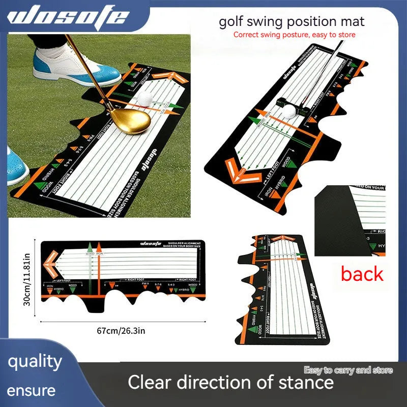 Black neoprene golf swing stance practice pad with alignment markers for posture correction.
