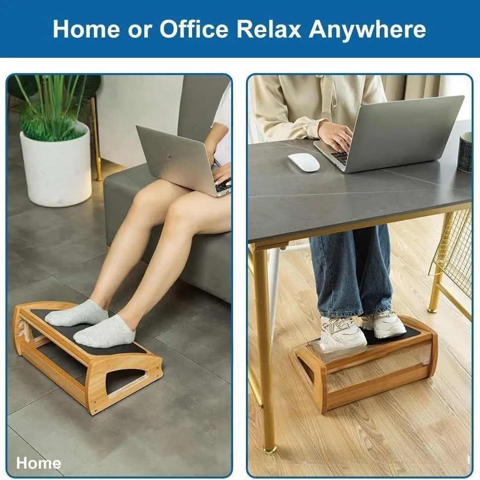 Solid wooden bamboo office desk footstool in natural wood colour, modern style.