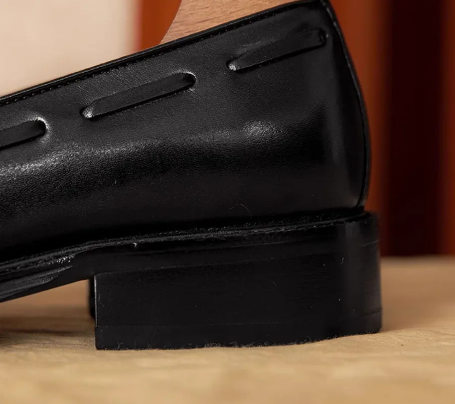 Men's genuine leather slip-on loafers in black and brown with fringed detailing and rubber soles