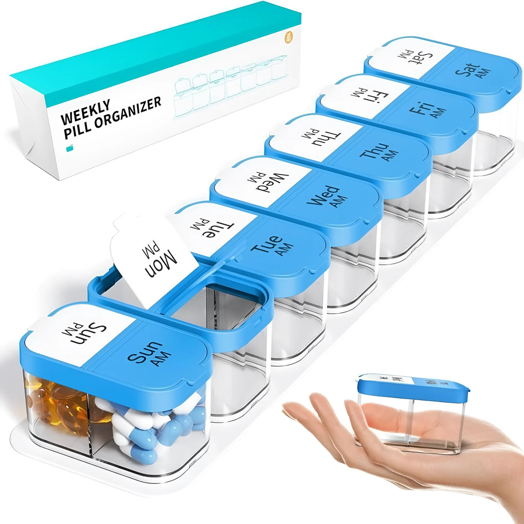 Extra large portable pill box dispenser with 14 removable grid compartments in white colour