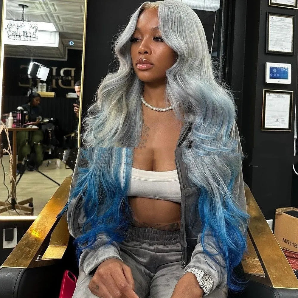 Gradient grey blue human hair lace front wig with 4x4 silk base showing length options