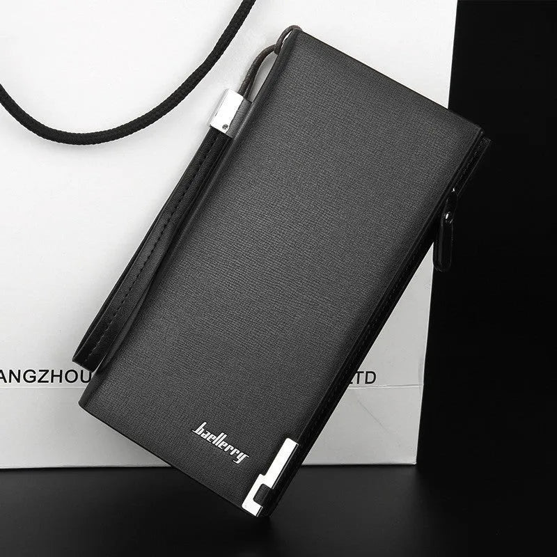 Men's black and brown PU leather wallet with long multifunctional zipper closure