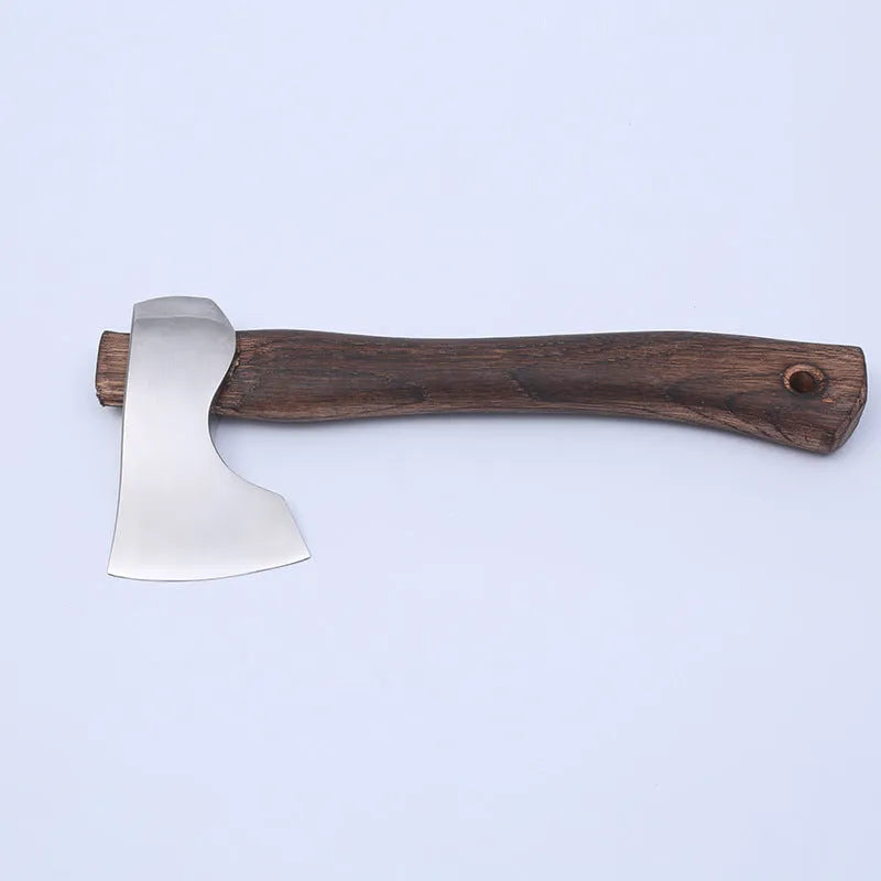 Camping axe with high carbon steel head and wooden handle for outdoor use