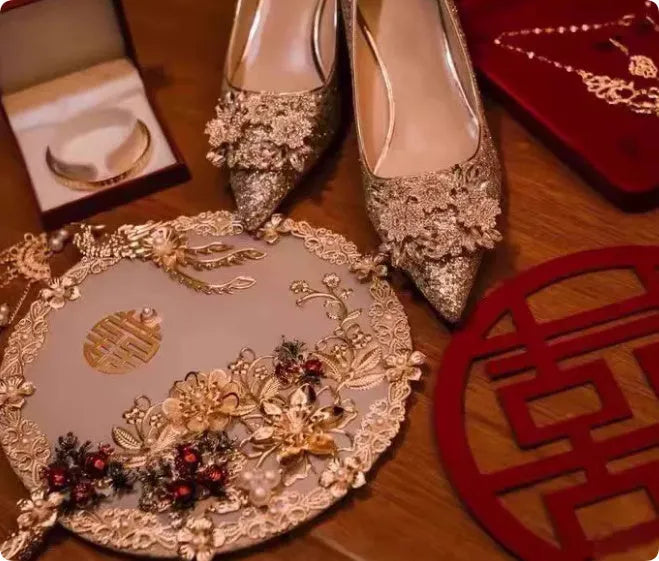 Champagne coloured pointed-toe wedding heels with rhinestone flower pattern, shown with different heel height options.