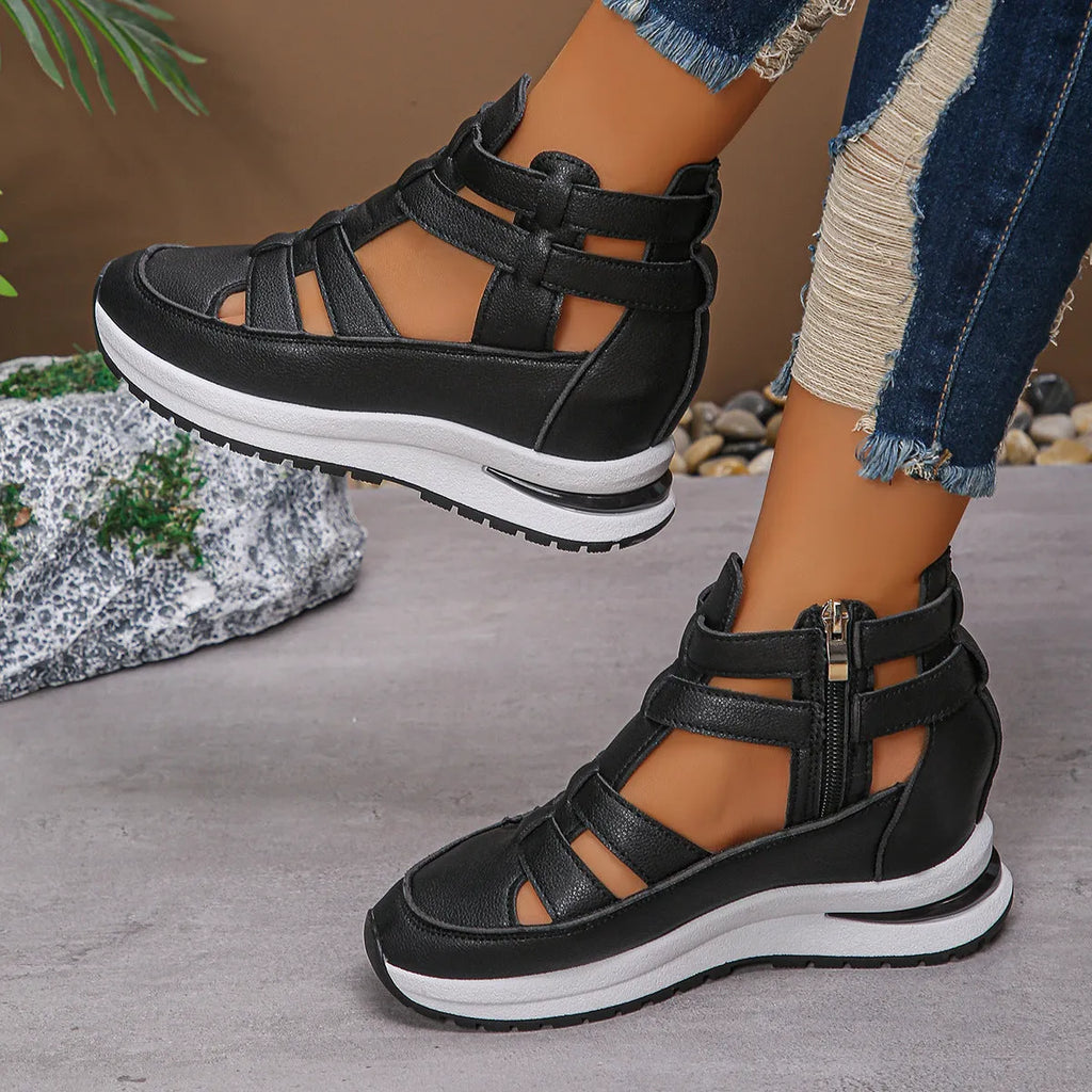 Women's black platform sandals with closed-toe hollow-out design and Velcro fastening