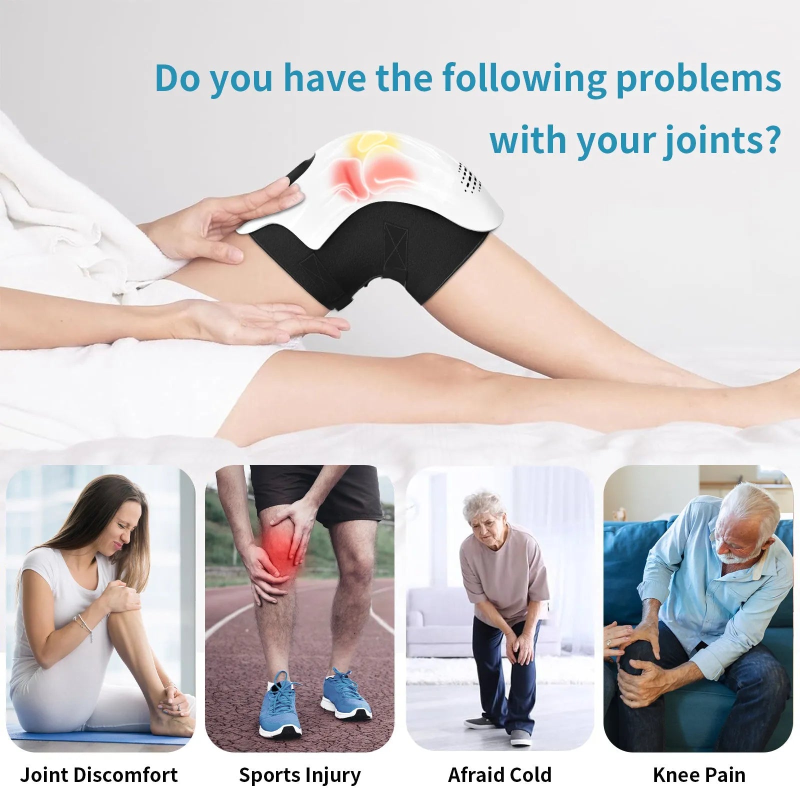 White electric knee massager unit showing controls, padding, and USB charging port.