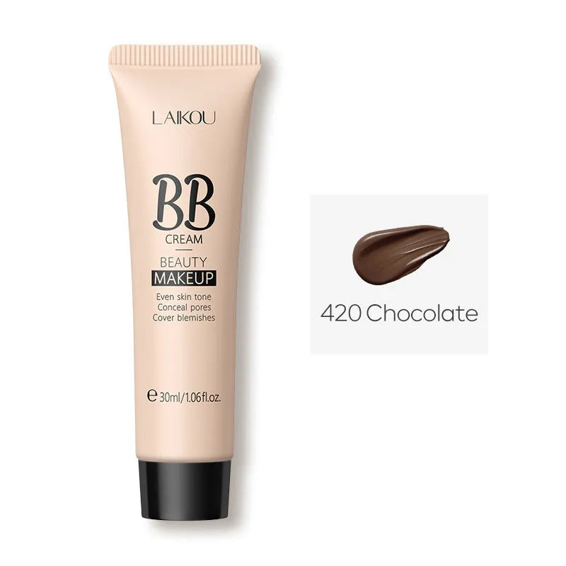 30ml tube of natural finish BB cream showing nine colour shade options from Ivory White to Brown